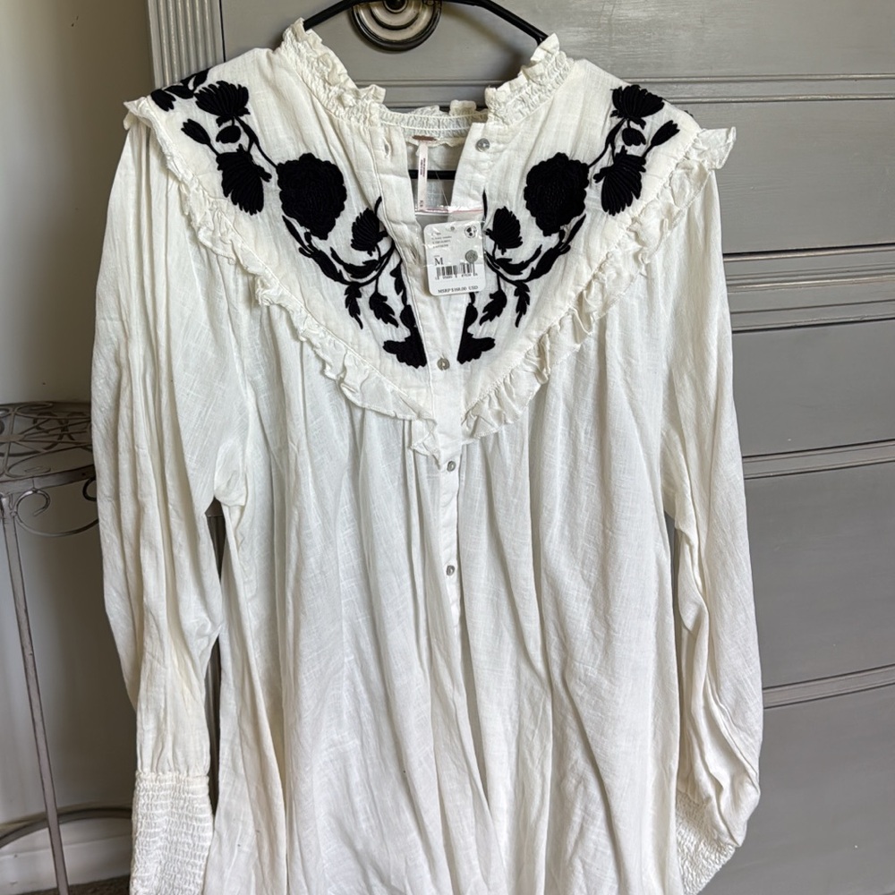 Women's White and Black Embroidered Top